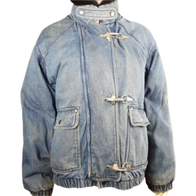Load image into Gallery viewer, KRAZY KRINKLE By Saxton Hall Vintage Denim Down Bomber Jacket Size M
