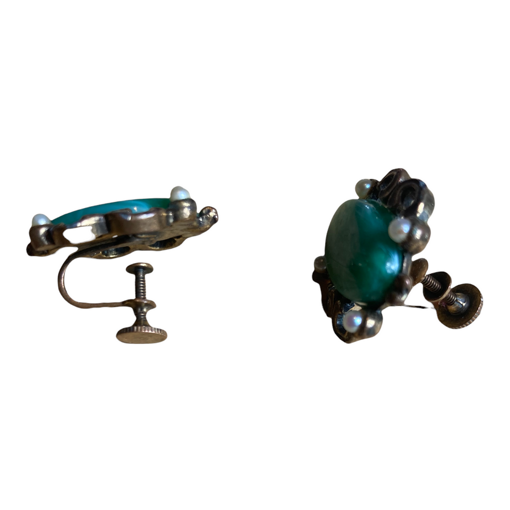 Vintage Faux Turquoise Stone and Pearl Earrings