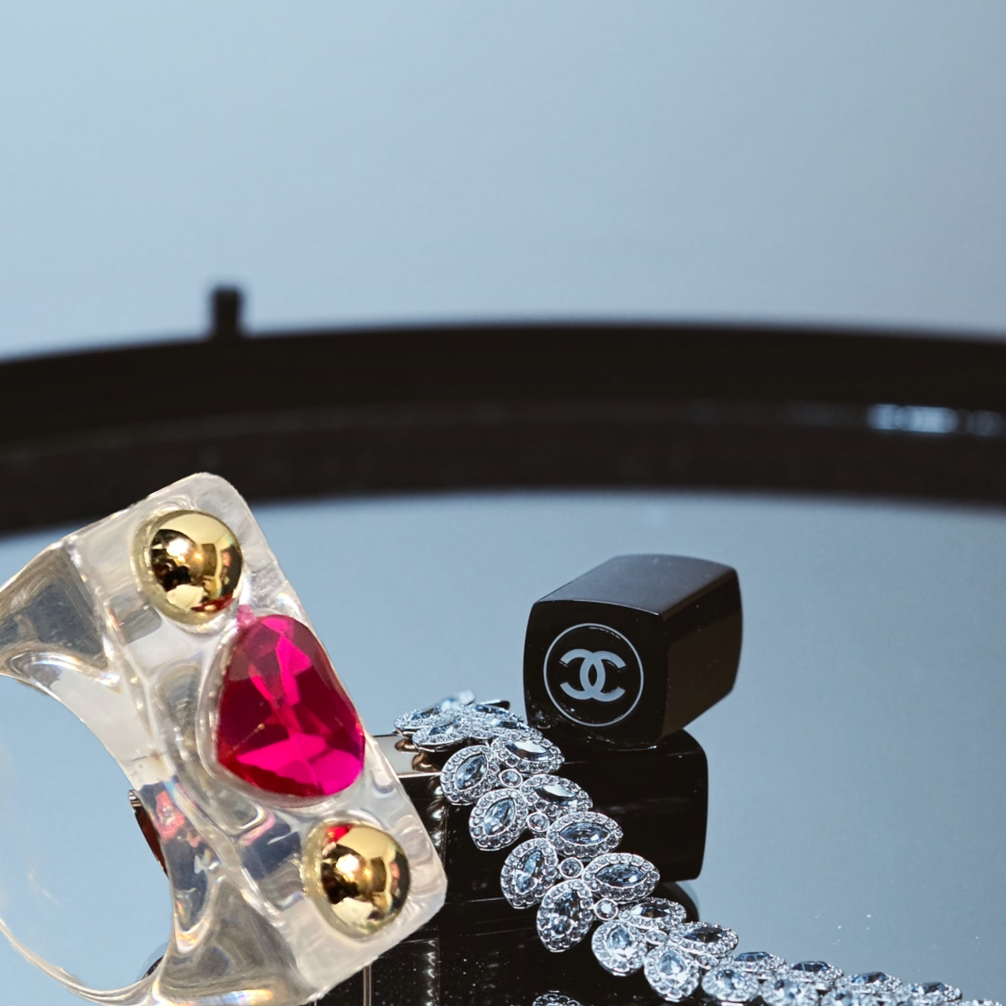 Image Gang_Kandi_Clear_Resin Ring__Pink Heart_Gold Studs_Lucille Golden_Vintage