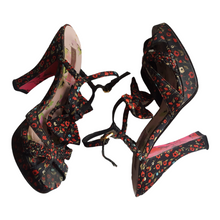Load image into Gallery viewer, Betsy Johnson Satin  Floral Print Open Toe Heels sz. 7.5
