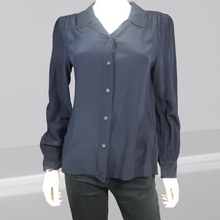 Load image into Gallery viewer, J.Crew ❌ Ralph Lauren Custom Navy Silk Button Down Blouse with Fringe size M/10