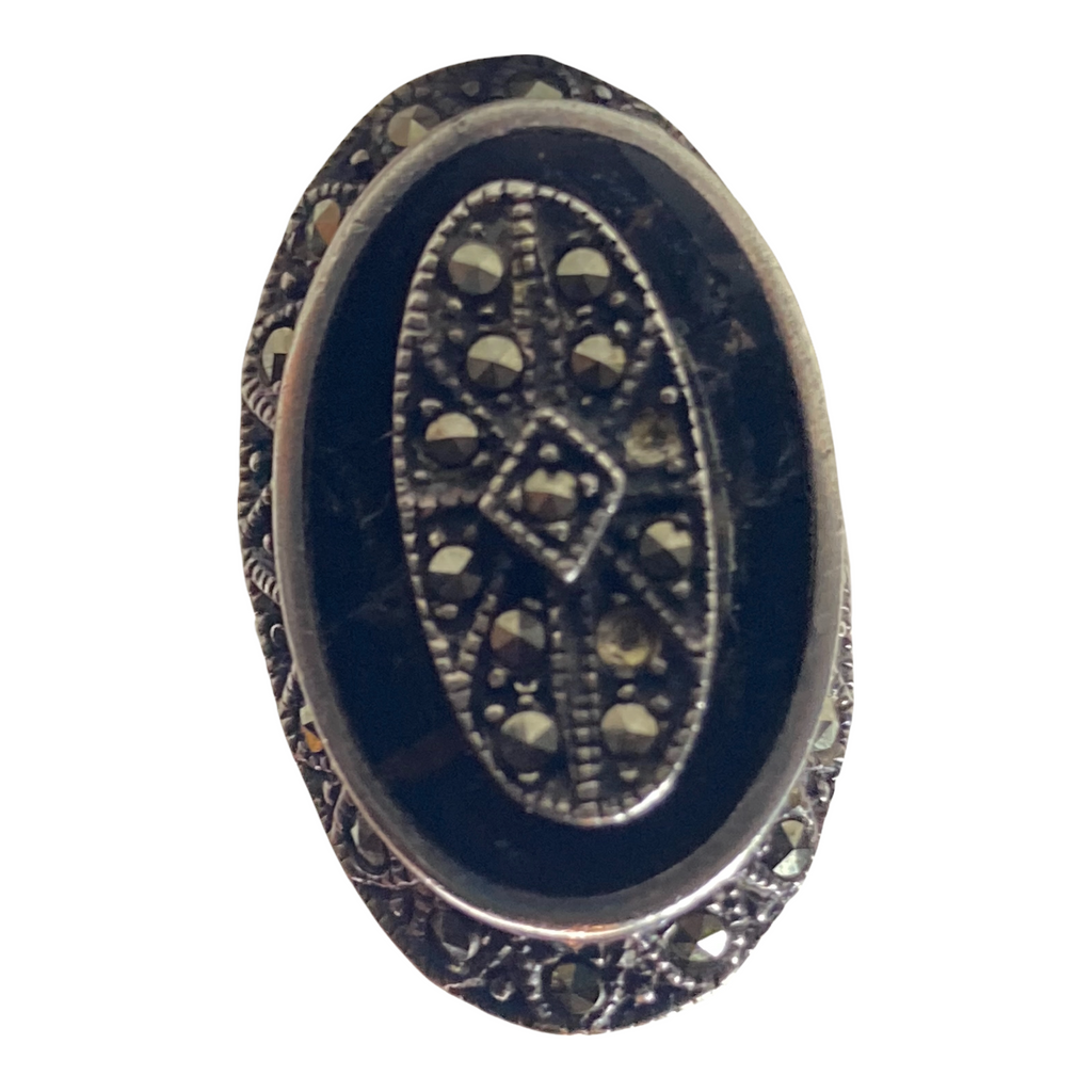 Antique Victorian Mourning Sterling Black Onyx Marcasite Ring