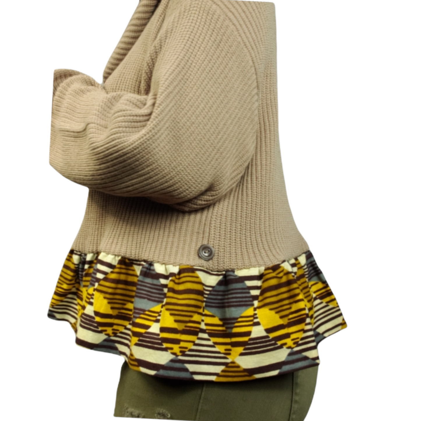 African Fabric Trim Cowl Neck Sweater Size L