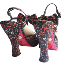 Load image into Gallery viewer, Betsy Johnson Satin  Floral Print Open Toe Heels sz. 7.5
