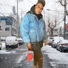 Load image into Gallery viewer, KRAZY KRINKLE By Saxton Hall Vintage Denim Down Bomber Jacket Size M
