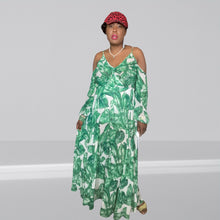 Load image into Gallery viewer, Cindi Bindi Leaf Print Cold Shoulder Maxi Dress size L