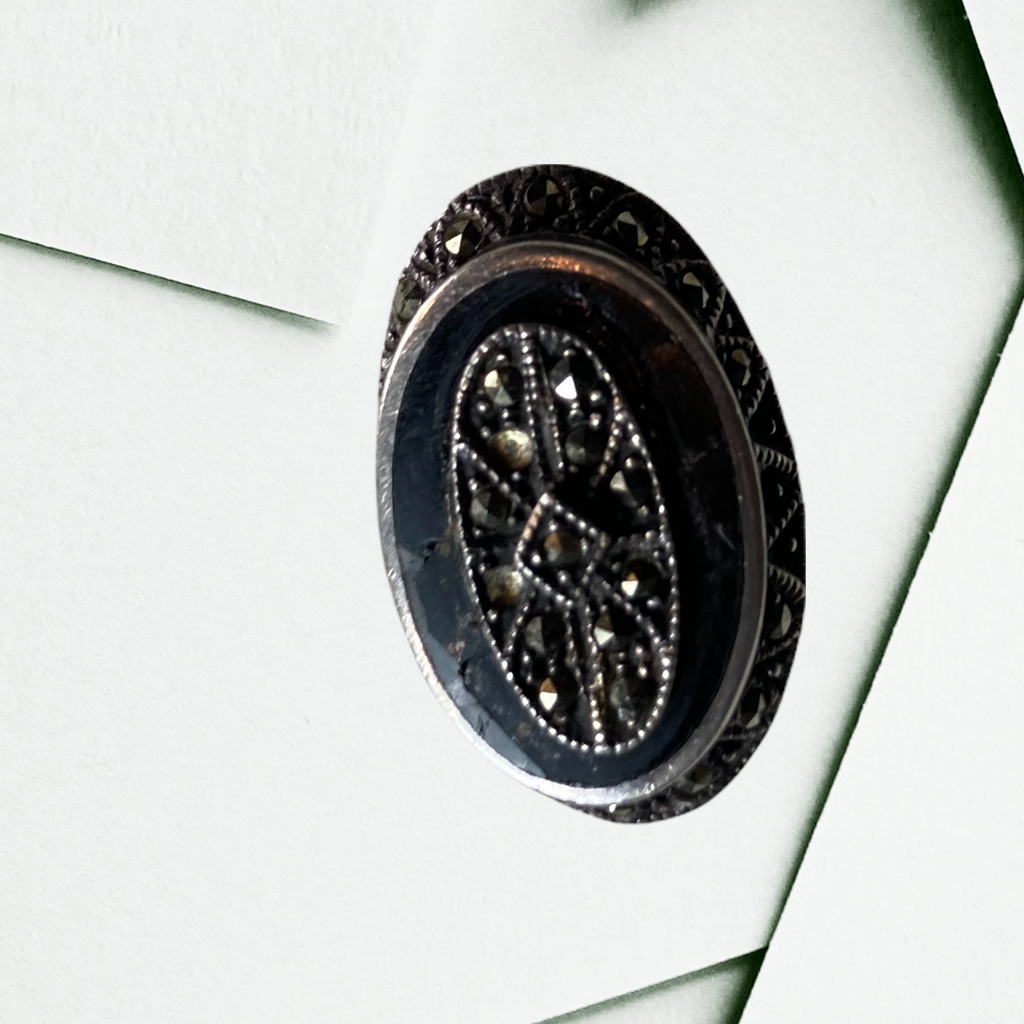 Antique Victorian Mourning Sterling Black Onyx Marcasite Ring