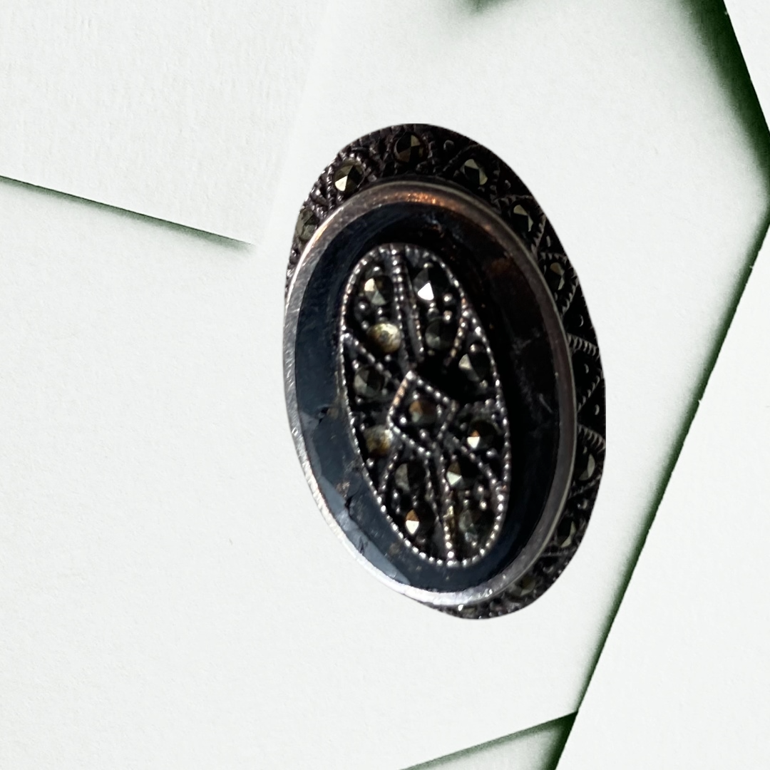 Antique Victorian Mourning Sterling Black Onyx Marcasite Ring