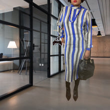 Load image into Gallery viewer, Vintage Blue Silk Stripe Blousan Dress Size L
