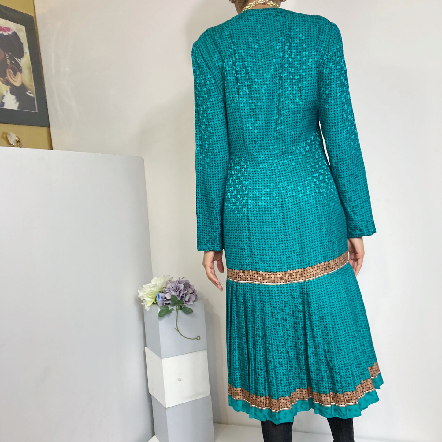 Julie Francis Silk Jacquard Pleated Dress Size 8