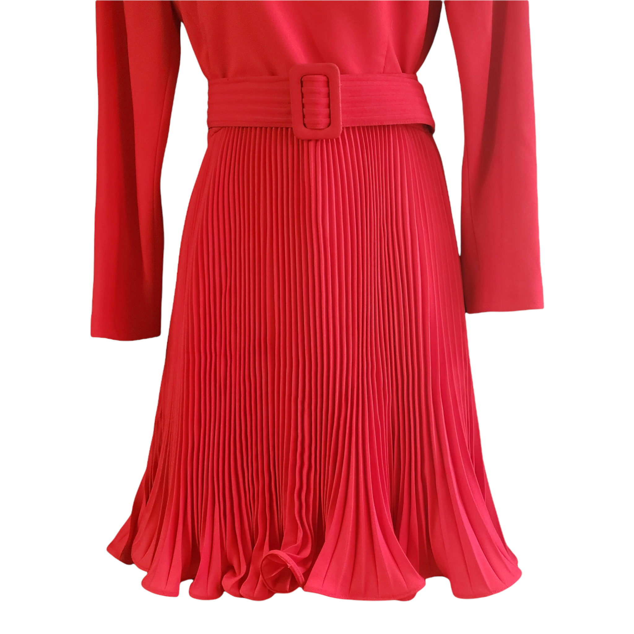 Vintage Scaasi for Bergdorf Goodman Red Pleated Belted Dress | 1980s Designer Fit & Flare Size S