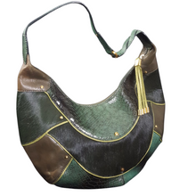 Load image into Gallery viewer, 90s Cole Haan Green Gold Fish Patchwork Leather &amp; Calf Hair Bag
