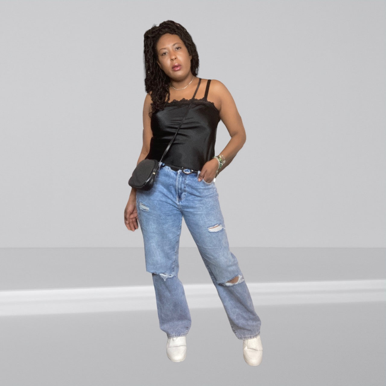 Vintage Black Lace Trim Satin Slip Top Size M