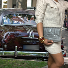 Load image into Gallery viewer, 80s Grey Leather Shoulder Bag With Satin Stich Geometric Flap - Jay Herbert New York
