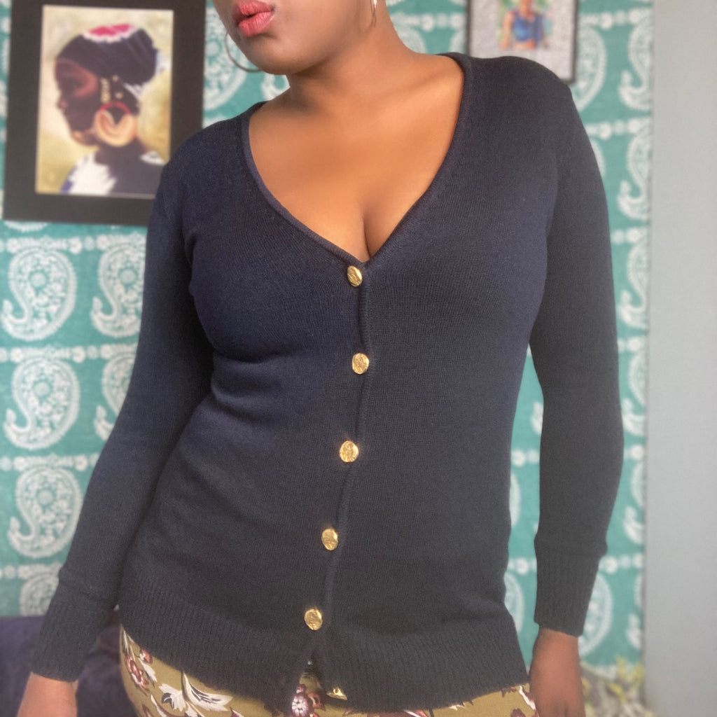 Vintage 1990s Donna Karan New York  Navy Blue Gold Button Cardigan sz.S