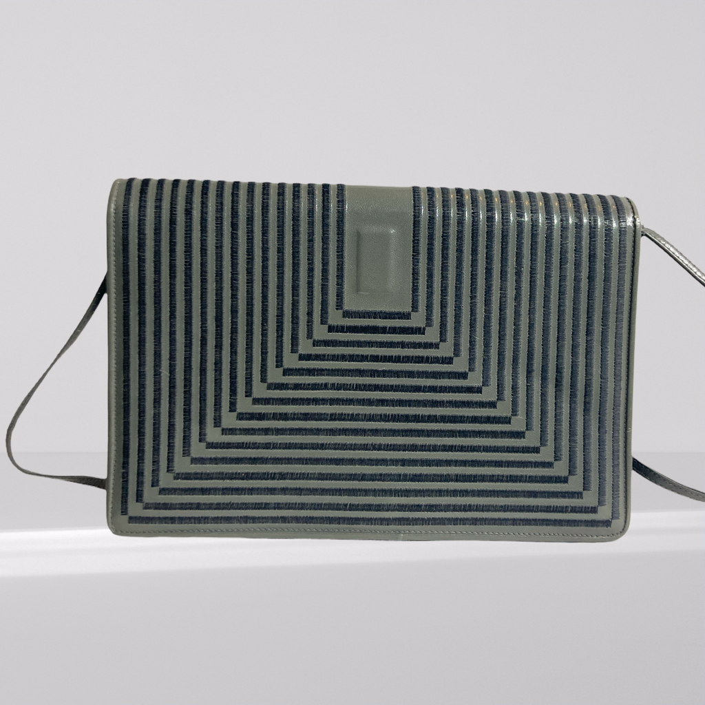 80s Grey Leather Shoulder Bag With Satin Stich Geometric Flap - Jay Herbert New York