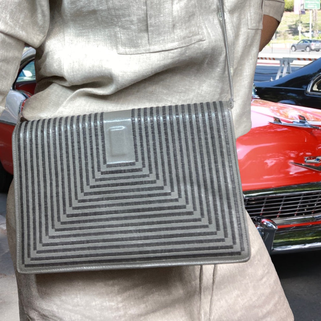 80s Grey Leather Shoulder Bag With Satin Stich Geometric Flap - Jay Herbert New York