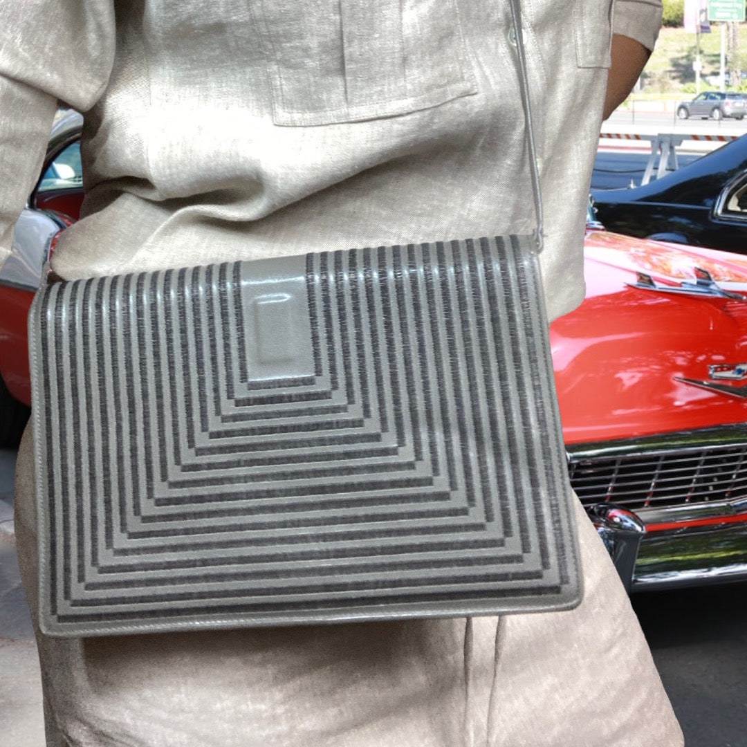 80s Grey Leather Shoulder Bag With Satin Stich Geometric Flap - Jay Herbert New York