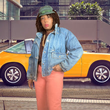 Load image into Gallery viewer, KRAZY KRINKLE By Saxton Hall Vintage Denim Down Bomber Jacket Size M
